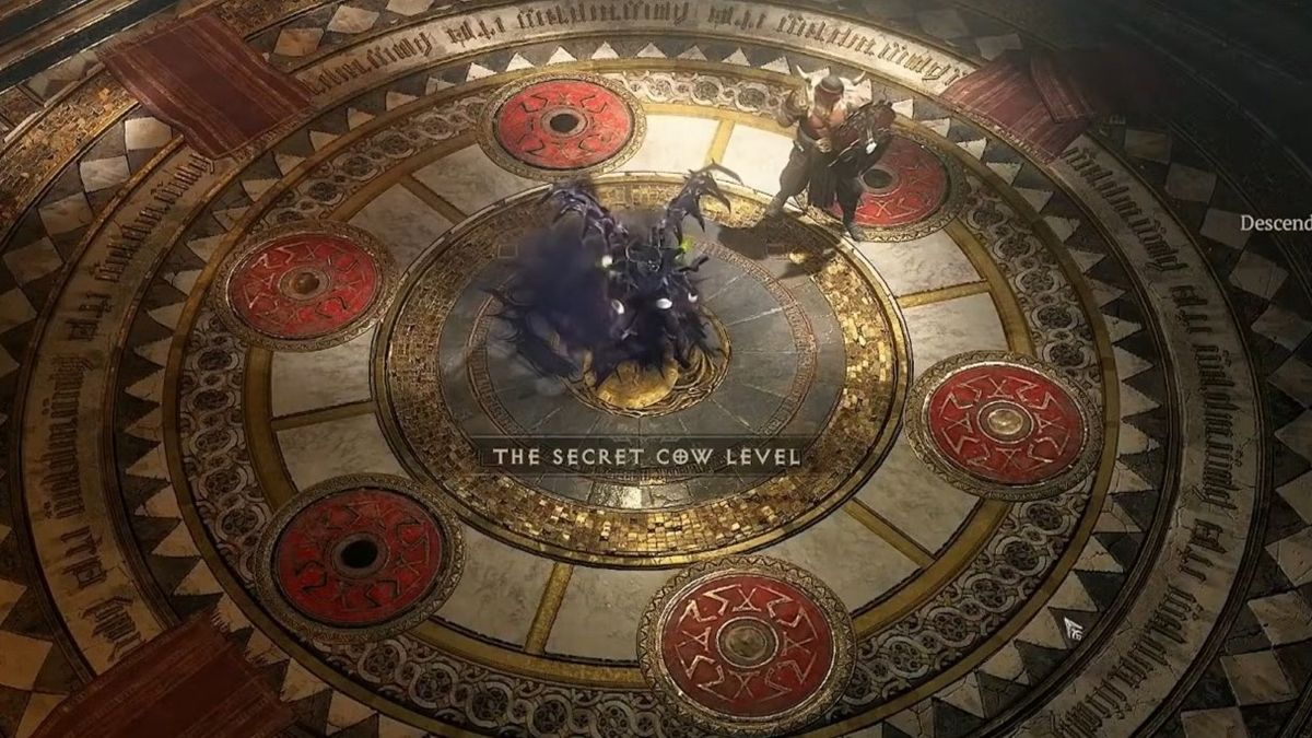 A circular ornate floor with red and gold designs features a dark, phantom-like creature. A minotaur battles it. Text reads: "The Secret Cow Level."