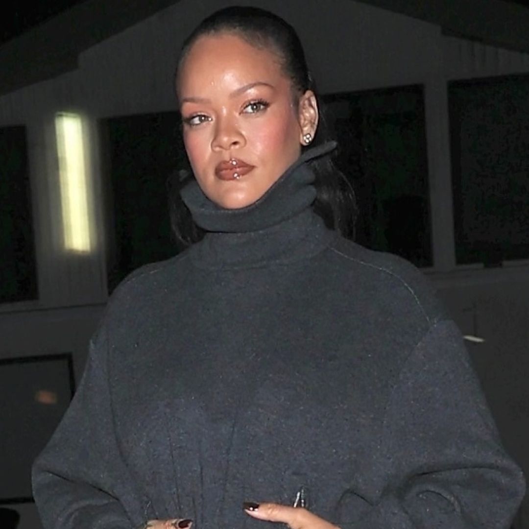 Rihanna returns to Giorgio Baldi in a cozy sweater skirt set and strappy heels