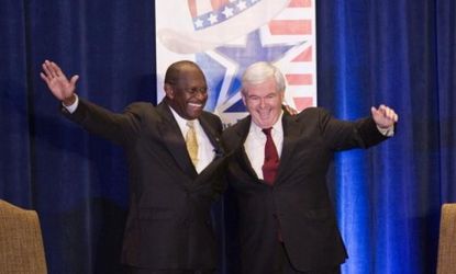 Republican presidential candidates Herman Cain and Newt Gingrich took the stage in Woodlands, Texas in a Lincoln-Douglas-type debate over entitlements. 