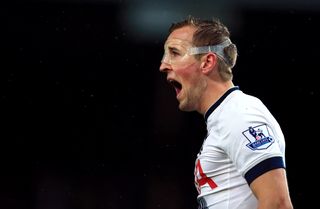 Harry Kane of Tottenham Hotspur, wearing a protective mask, shouts during the Premier League match against West Ham United in March 2016.