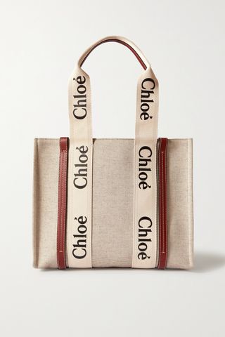 Woody Medium Leather and Webbing-Trimmed Linen Tote