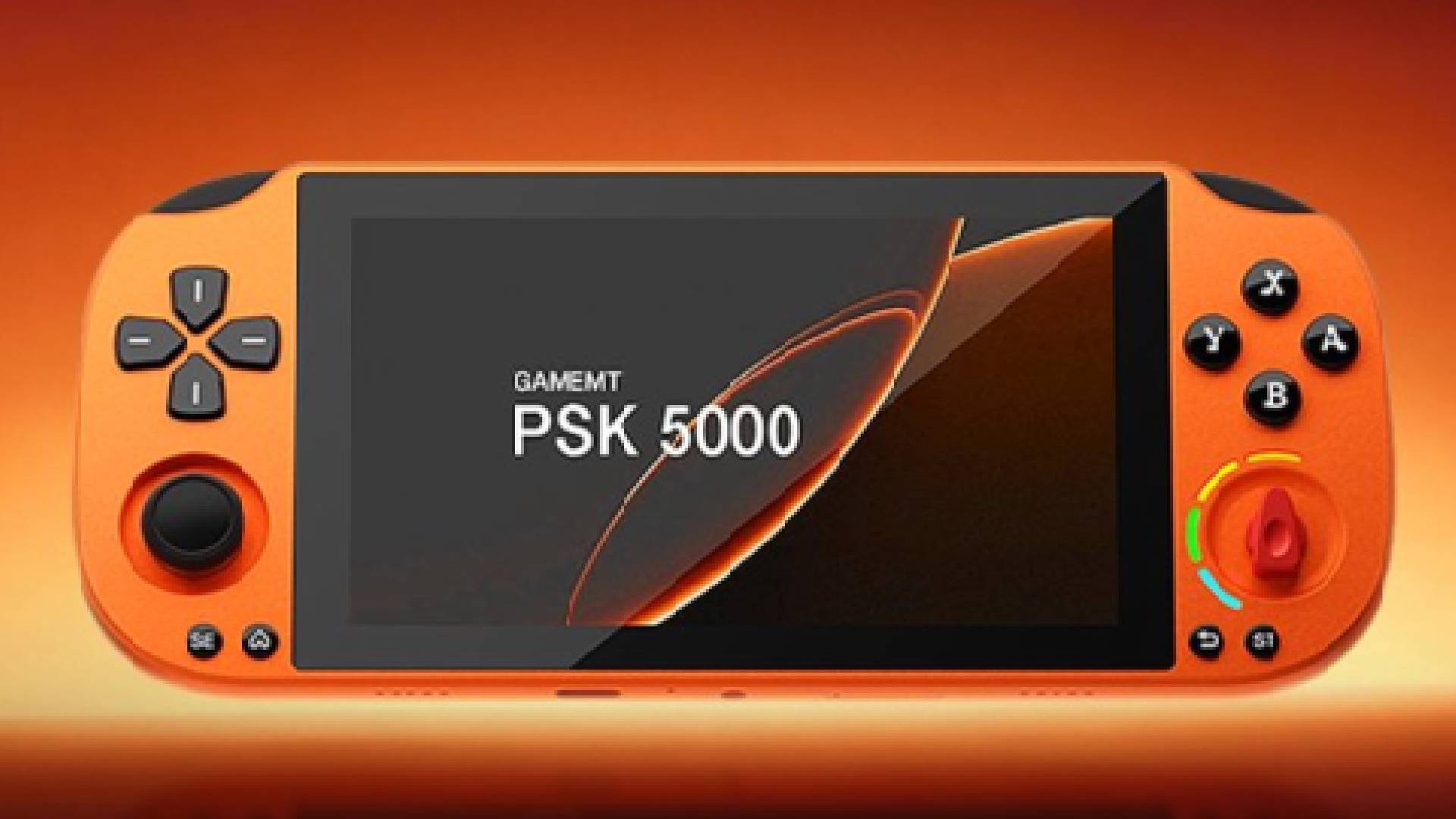 GameMT Pocket Super Knob 5000 handheld in orange with orange backdrop.