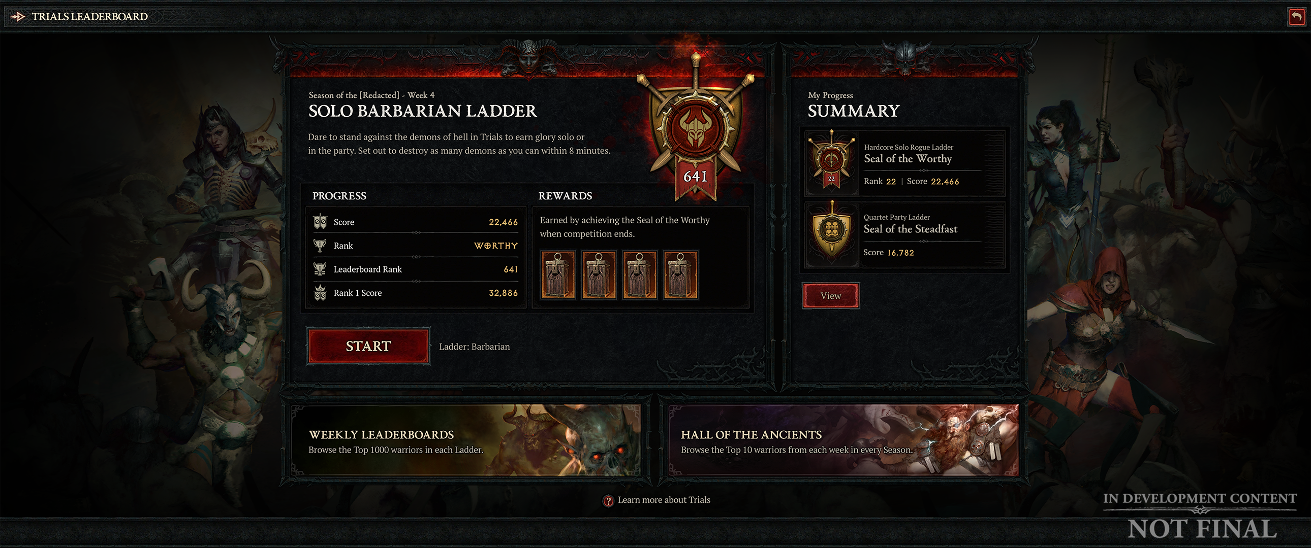 Captura de pantalla de Diablo 4 de un menú de clasificación de trabajo en progreso