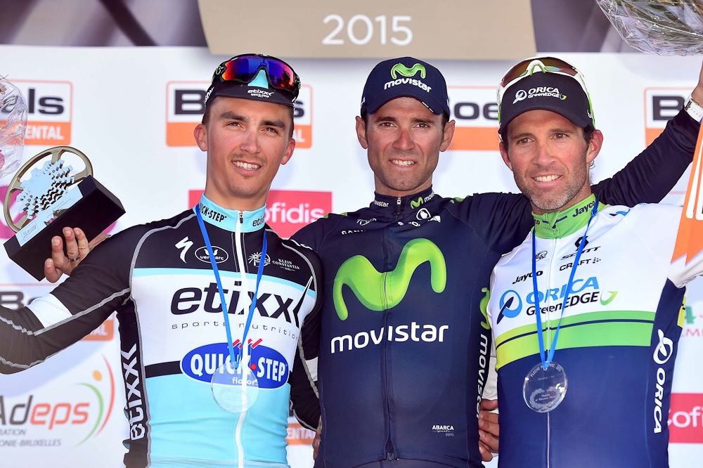 Julien Alaphilippe, Alejandro Valverde and Michael Albasani on the podium.