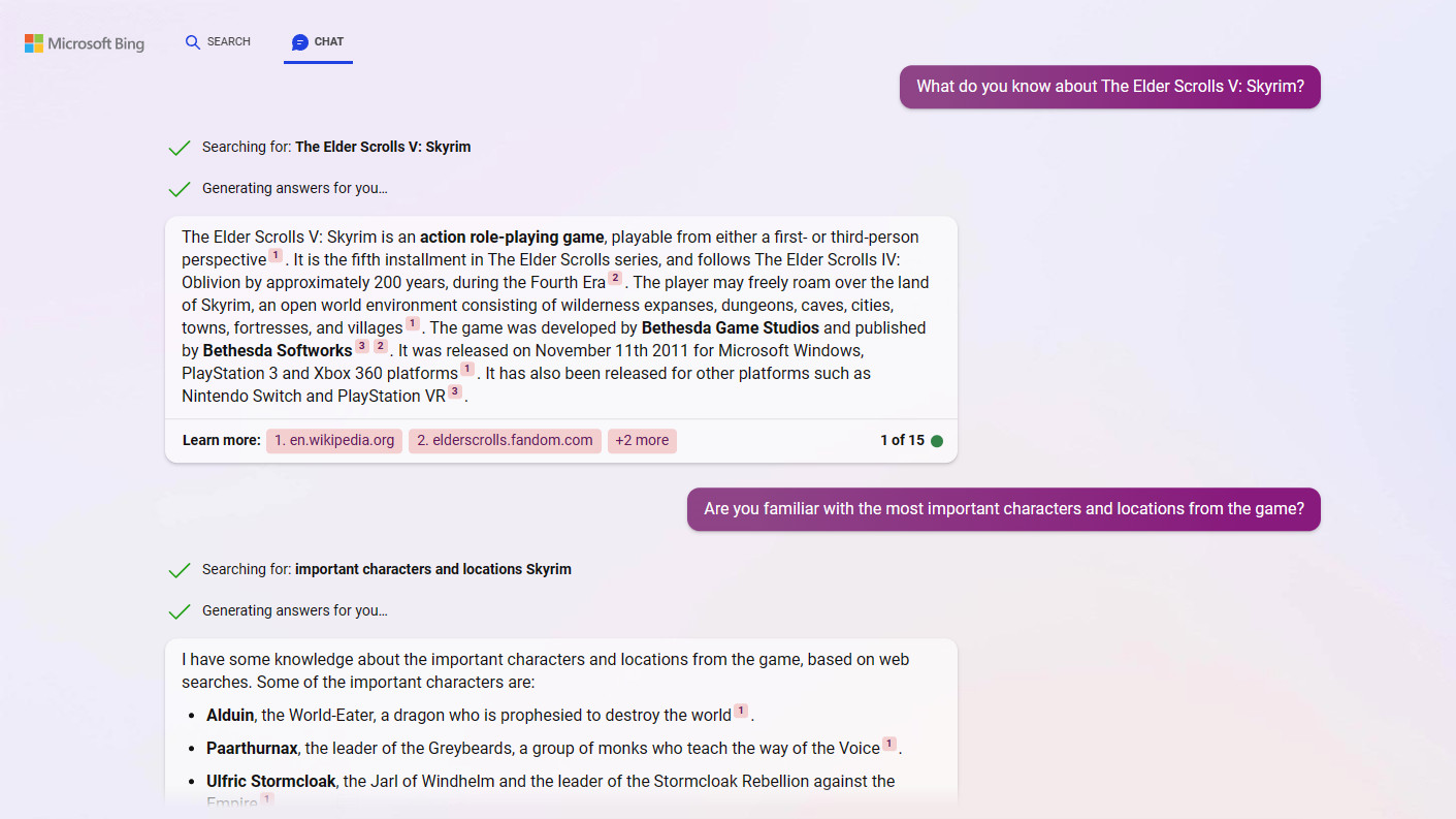 Bing Chat demonstrates its knowledge on The Elder Scrolls V: Skyrim
