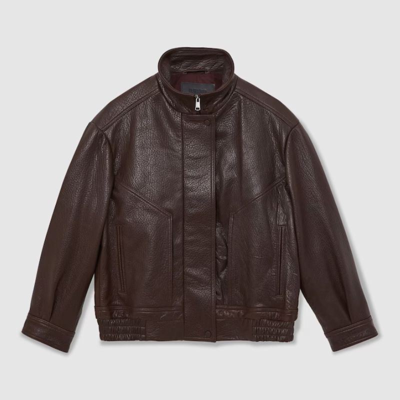 A cutout of a brown funnel neck oversized leather jacket by Reiss