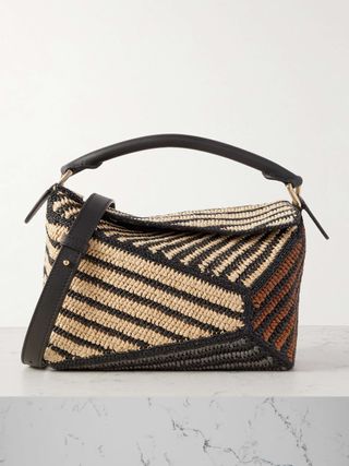 + Paula's Ibiza Puzzle Edge Small Leather-Trimmed Striped Raffia Shoulder Bag