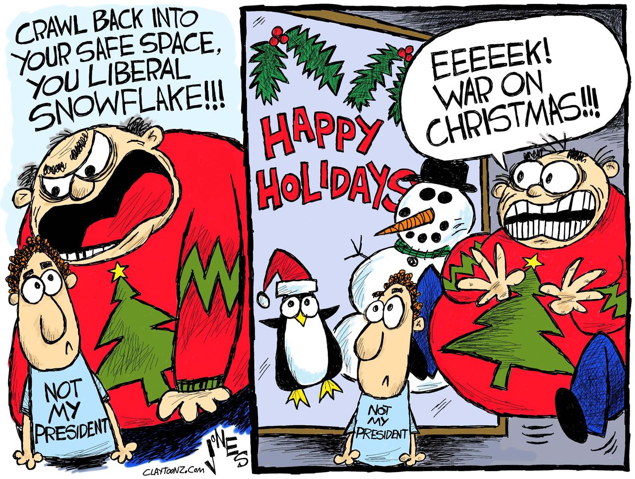 Political cartoon Trump war on Christmas