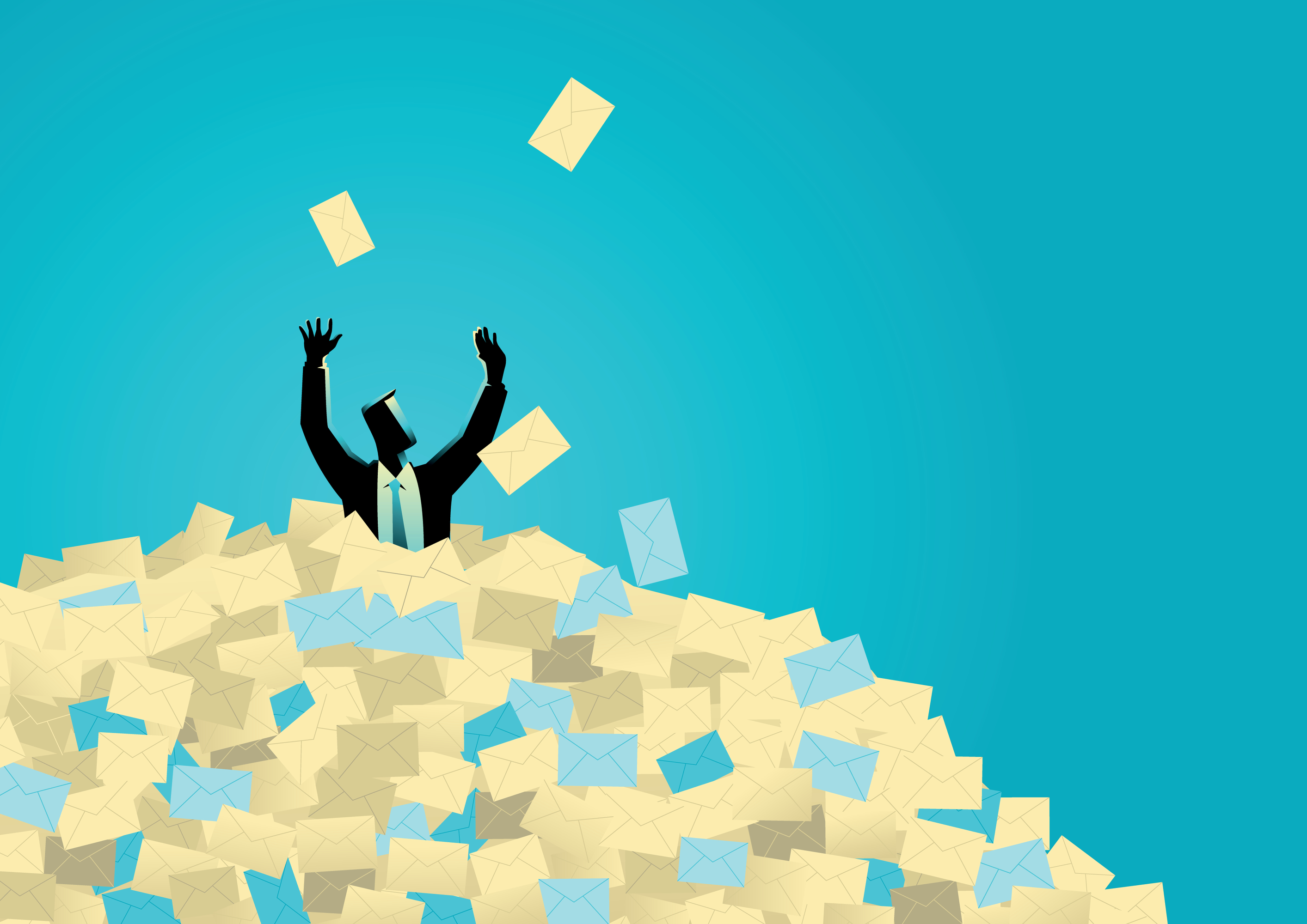Business illustration of a businessman buried in junk letters and spam messages.