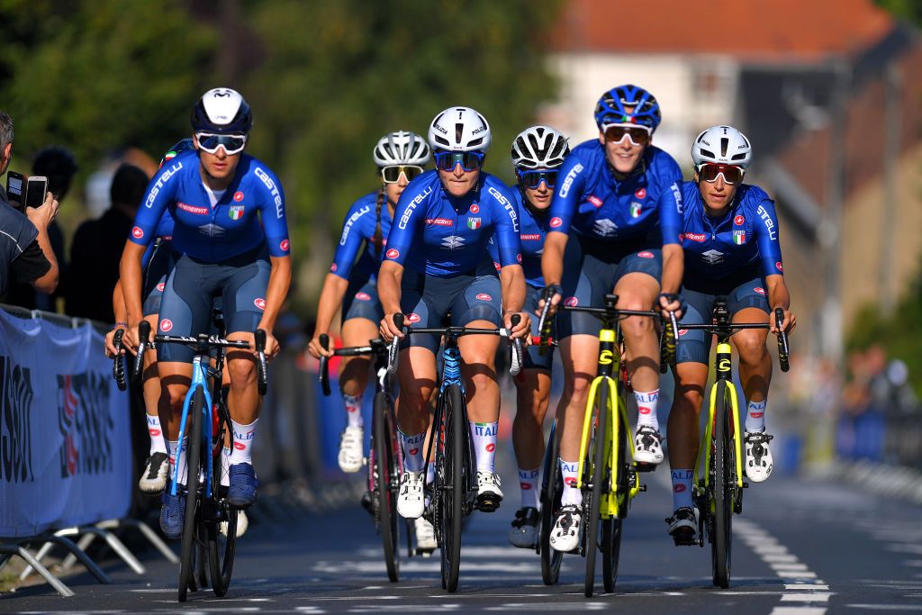 LEUVEN BELGIUM SEPTEMBER 23 LR Barbara Guarischi of Italy Elisa Longo Borghini of Italy Elisa Balsamo and teammates during the 94th UCI Road World Championships 2021 Training flanders2021 on September 23 2021 in Leuven Belgium Photo by Luc ClaessenGetty Images