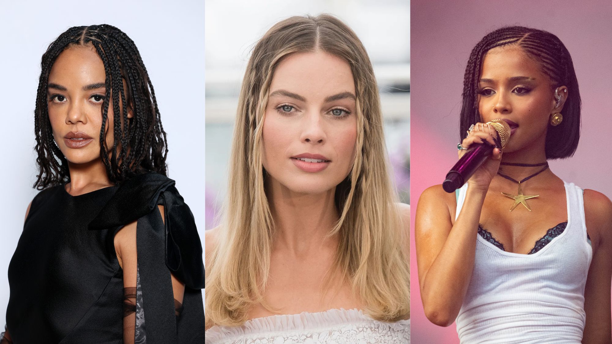 Tessa Thompson, Margot Robbie, and Tyla wearing short braided hairstyles.