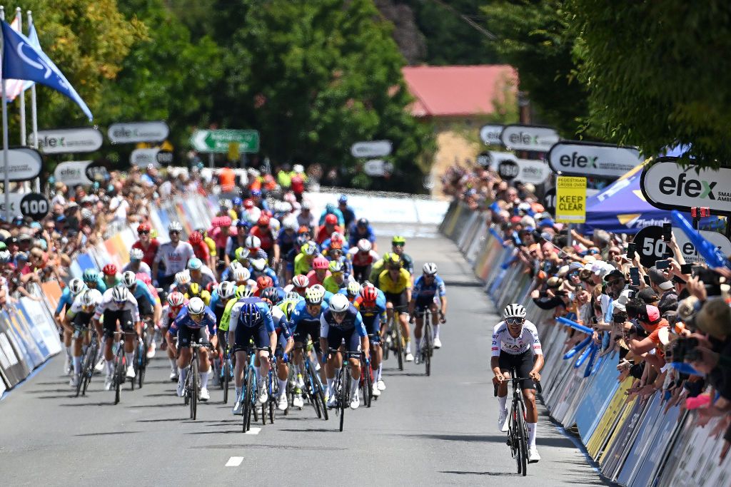 Isaac Del Toro (UAE Team Emirates) holds off the charging field for the win