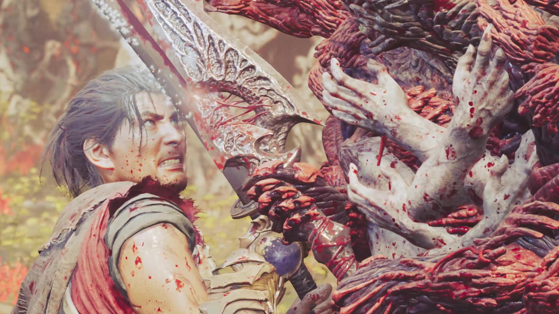 Miyamoto Musashi clashes with Rasho-gan in Onimusha: Way of the Sword, cropped for a header image