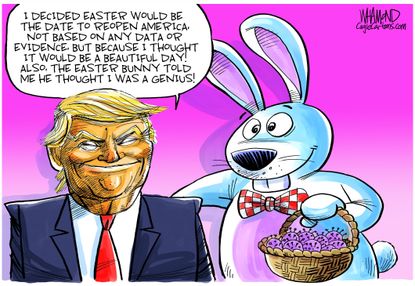 Political Cartoon U.S. Trump Easter Coronavirus quarantine reopen bunny