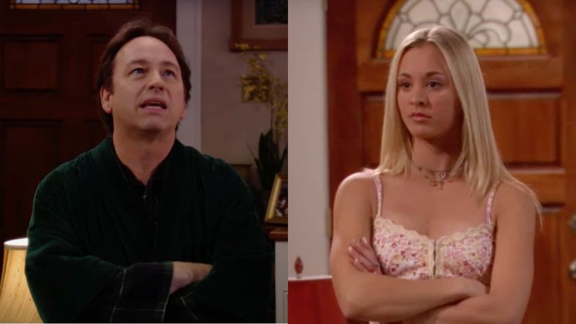 Side by side of John Ritter looking up in astonishment and Kaley Cuoco, arms folded and glaring in 8 Simple Rules.