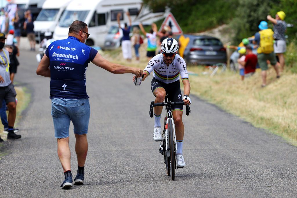MALAUCENE FRANCE JULY 07 Julian Alaphilippe of France and Team Deceuninck QuickStep in breakaway during the 108th Tour de France 2021 Stage 11 a 1989km km stage from Sorgues to Malaucne Feed Zone Soigneur LeTour TDF2021 on July 07 2021 in Malaucene France Photo by Tim de WaeleGetty Images