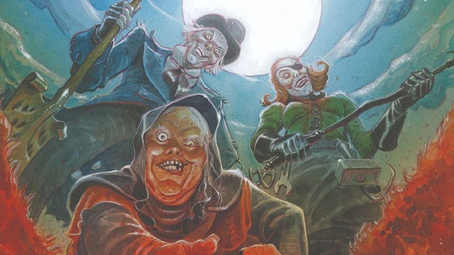 A group of ghoulish gravediggers reach down to the viewer.