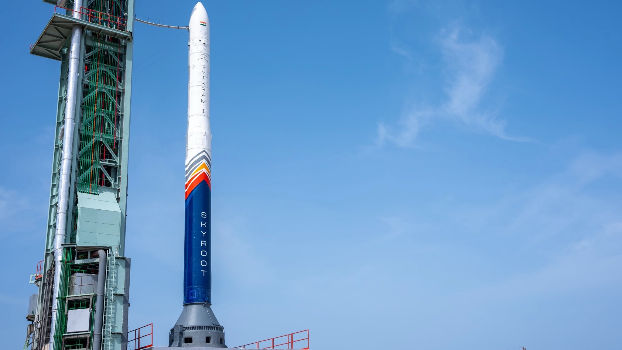 Skyroot Aerospace's Vikram-1 rocket, India's first-ever privately built orbital launch vehicle, stands on the pad before its planned July 18, 2026 liftoff. 