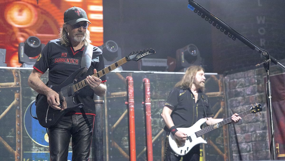 Glenn Tipton (left) and Ian Hill perform in concert with Judas Priest during their &quot;50 Heavy Metal Years&quot; tour at HEB Center on March 20, 2022 in Cedar Park, Texas