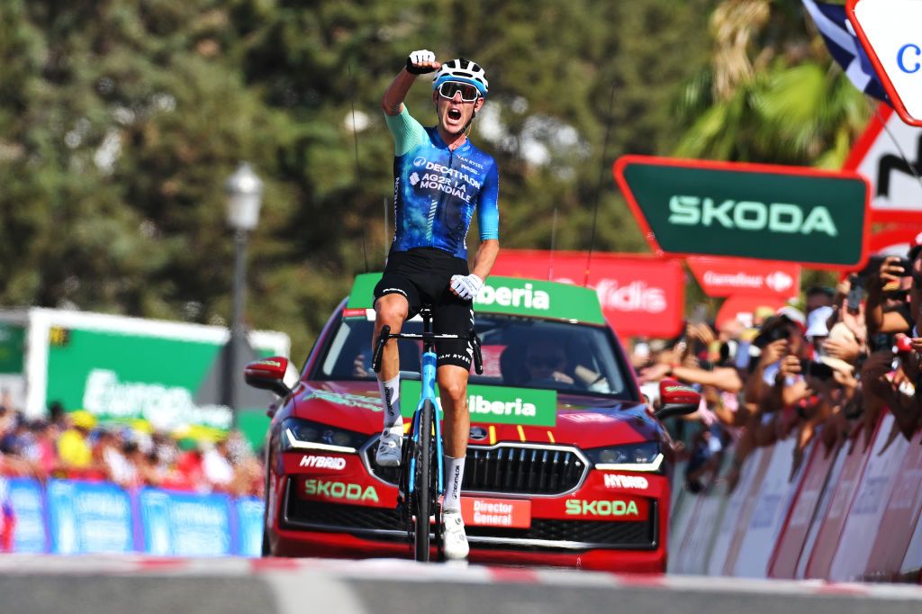 YUNQUERA SPAIN AUGUST 22 Ben OConnor of Australia and Team Decathlon AG2R La Mondiale celebrates at finish line as stage winner during the La Vuelta 79th Tour of Spain 2024 Stage 6 a 1855km stage from Jerez de la Frontera to Yunquera UCIWT on August 22 2024 in Yunquera Spain Photo by Tim de WaeleGetty Images