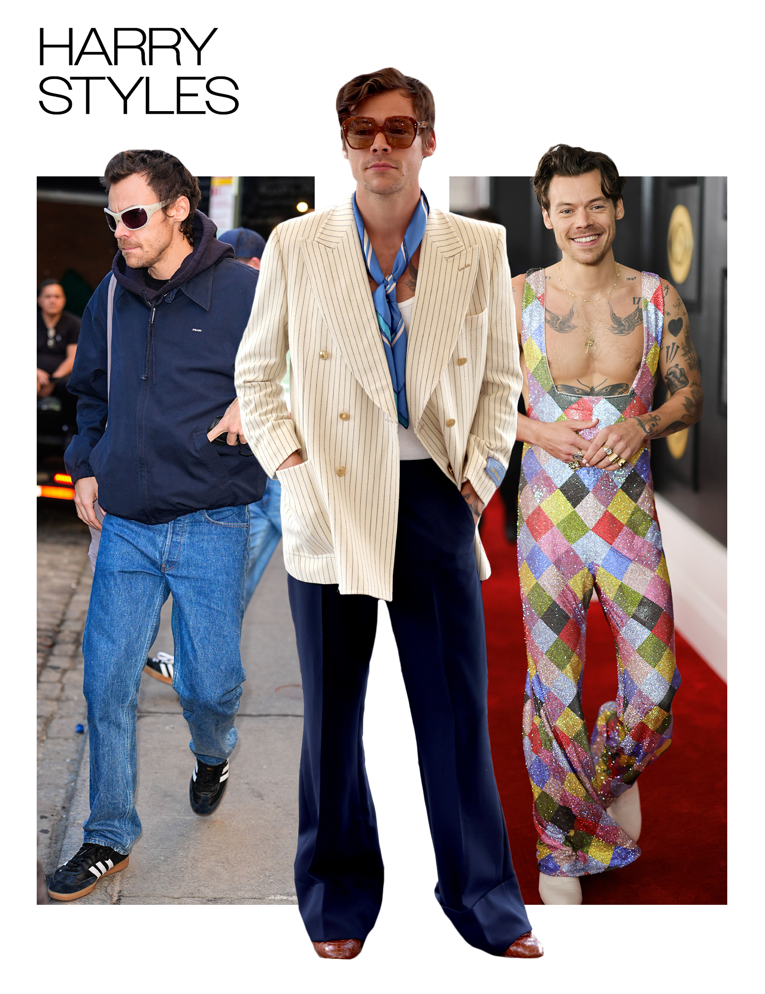 Collage of Harry Styles photos that display his style