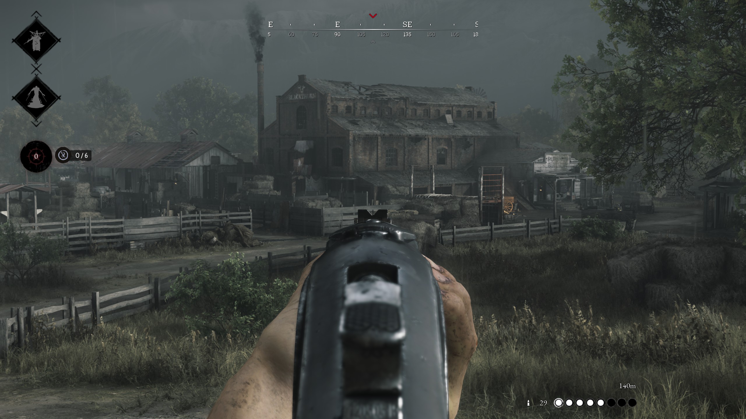 Peering down the sights of a rifle.