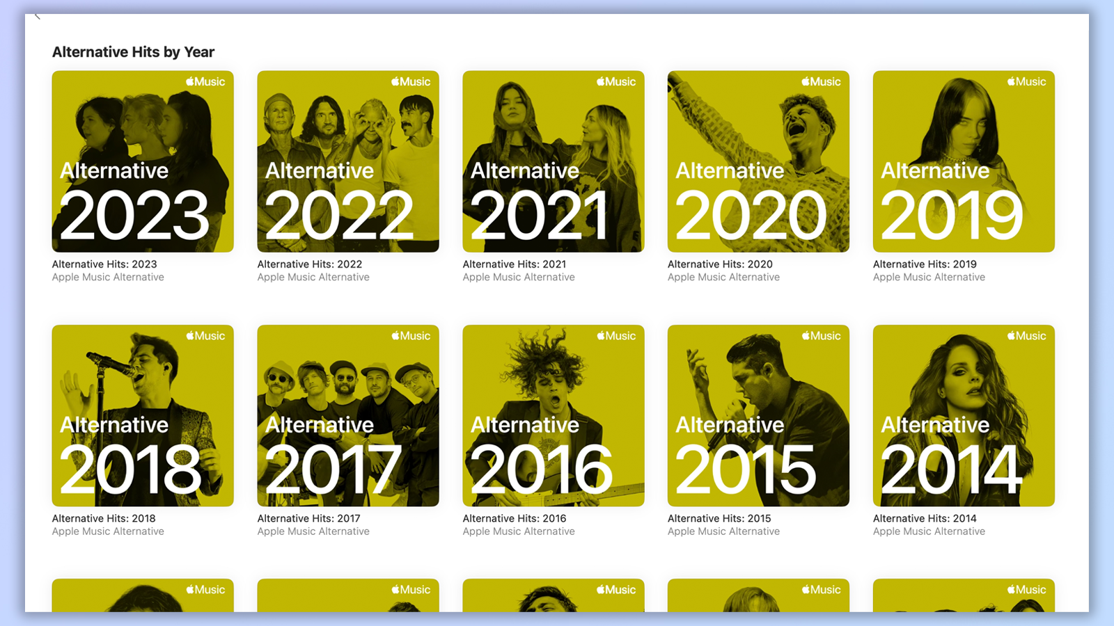 a screenshot from apple music showing the specific year and genre playlists in the apple music application