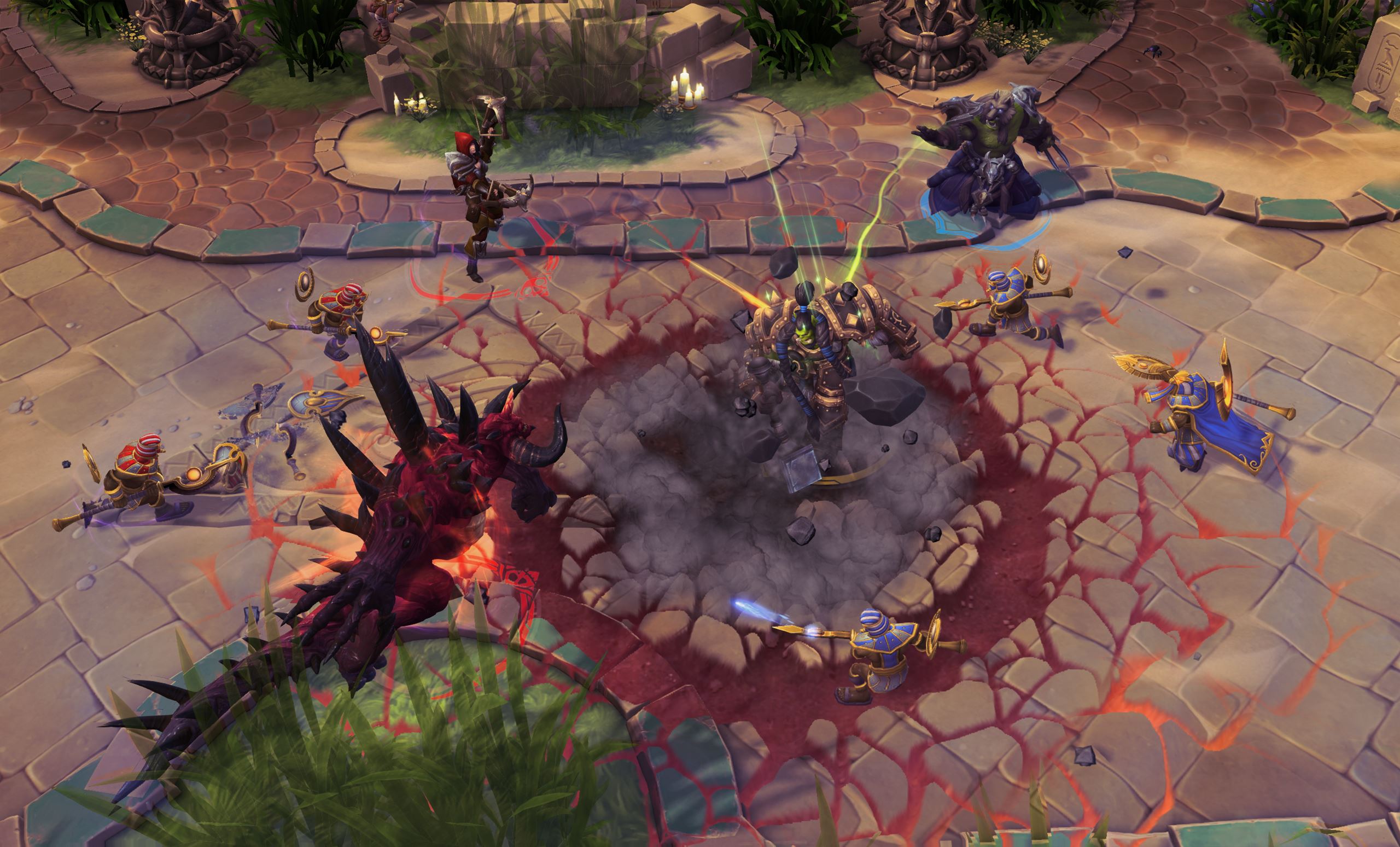 A screenshot of Diablo and Valla fighting Thrall and Rehgar in Heroes of the Storm
