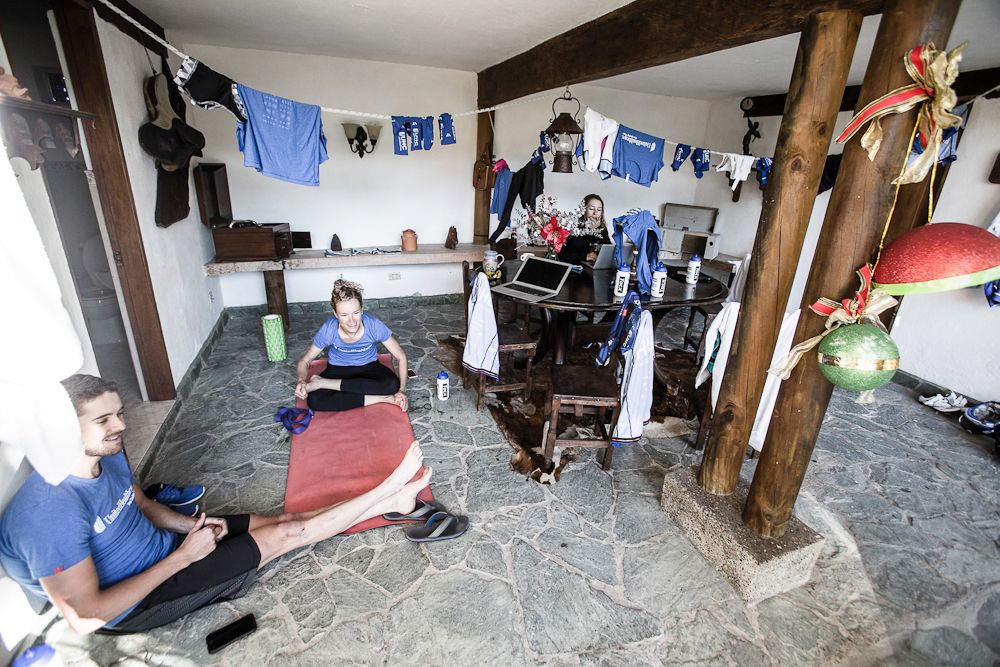Danny Summerhill (left), Taylor Wiles (middle), and Katie Hall (right), get a bit of relaxation time in between rides, rubs and meals.