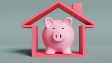 Pink piggy bank inside of a red house 