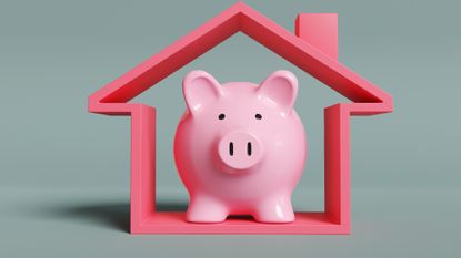 Pink piggy bank inside of a red house 