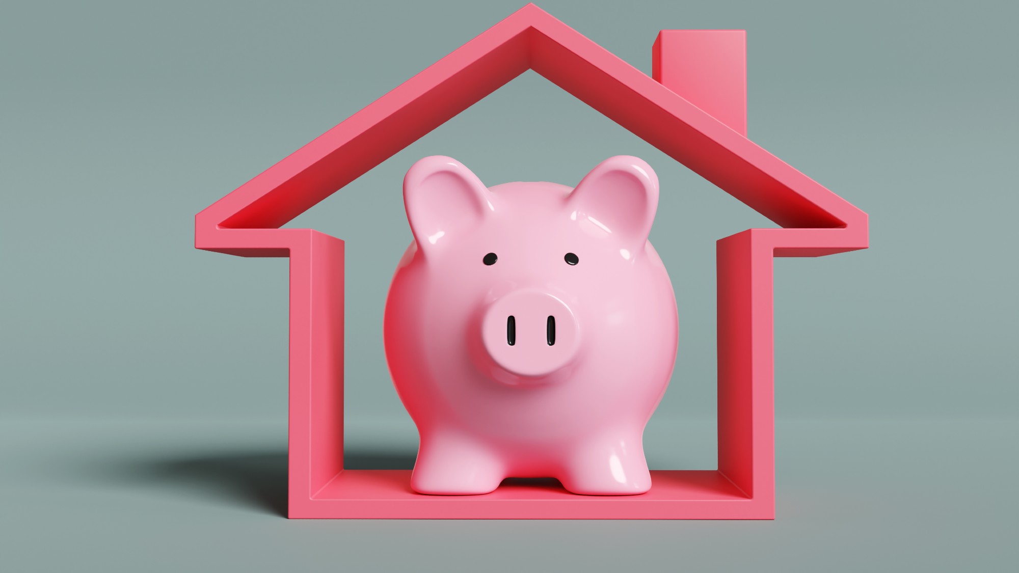 Pink piggy bank inside of a red house 