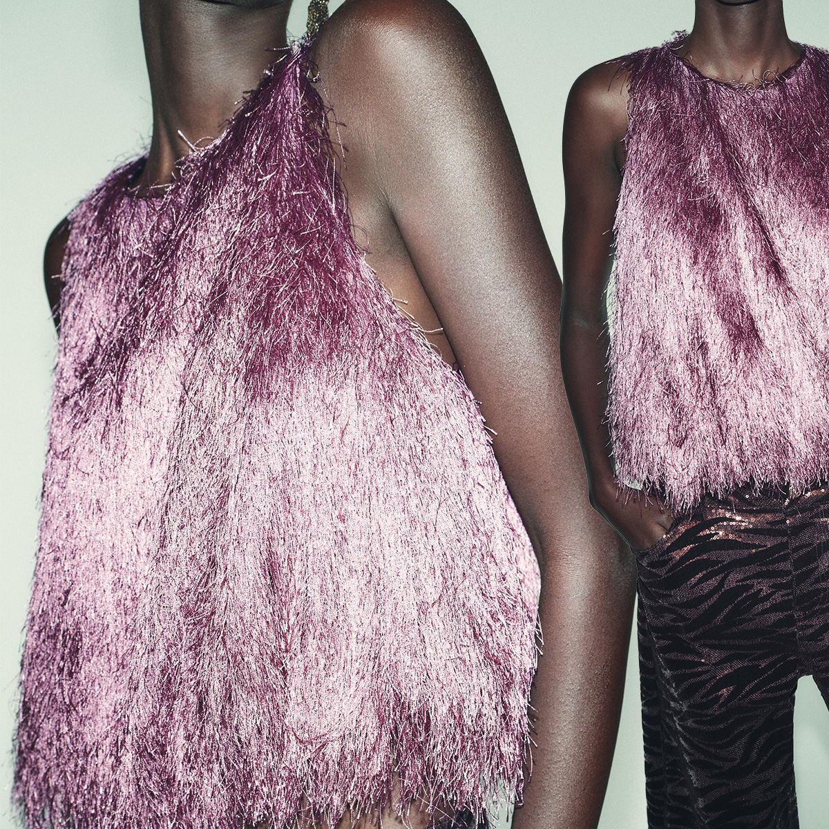 A collage showing Zara's pink fringe top, one of 2026's top fashion trends.