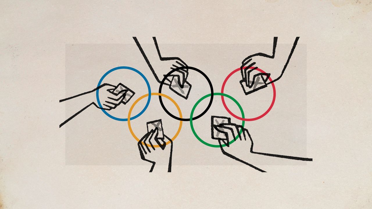 Illustrative collage of hands putting voting ballots into each of the Olympic logo&#039;s rings