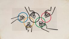 Illustrative collage of hands putting voting ballots into each of the Olympic logo's rings