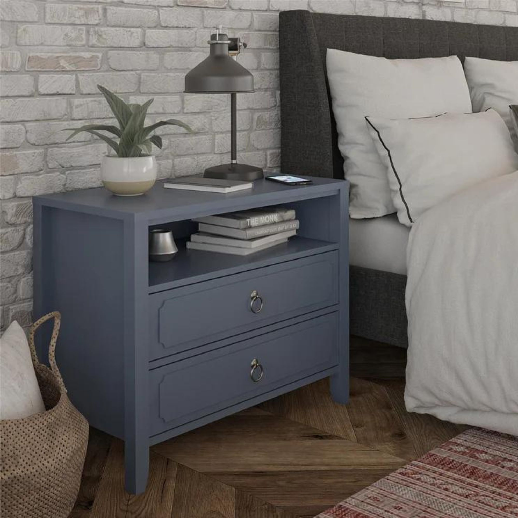A blue nightstand with two drawers from Wayfair