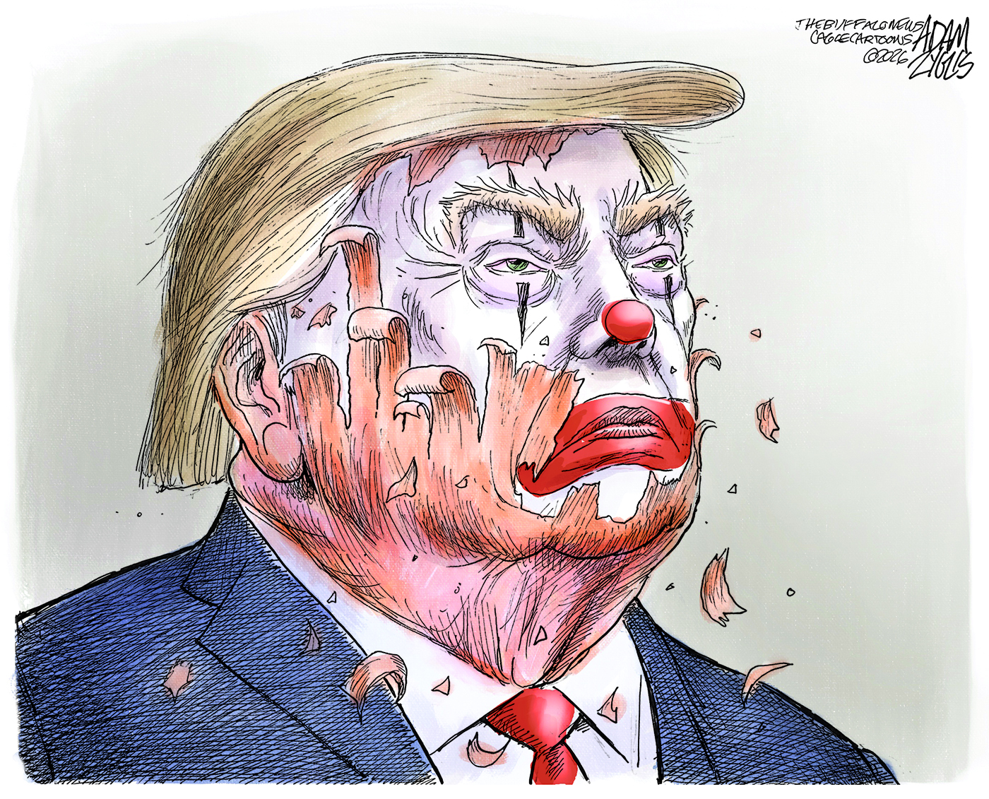 Donald Trump is pictured as a clown whose face is peeling, like the reflecting pool. It reveals an ashen, angry, old face.