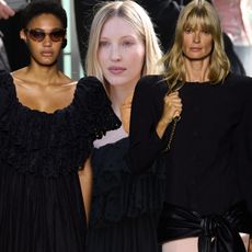 A collage of women wearing black dresses and tops with chloe's jelly mules.