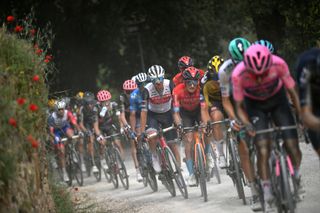 MONTALCINO ITALY MAY 19 Giulio Ciccone of Italy and Team Trek Segafredo Pello Bilbao Lopez De Armentia of Spain and Team Bahrain Victorious during the 104th Giro dItalia 2021 Stage 12 a 162km stage from Perugia to Montalcino 554m Dust Gravel Strokes girodiitalia UCIworldtour Giro on May 19 2021 in Montalcino Italy Photo by Tim de WaeleGetty Images