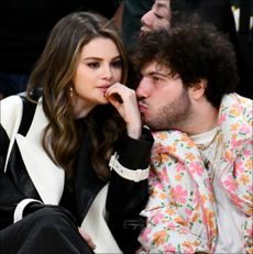 Selena Gomez and Benny Blanco attend a basketball game between the Los Angeles Lakers and the Miami Heat at Crypto.com Arena on January 03, 2024 in Los Angeles, California.