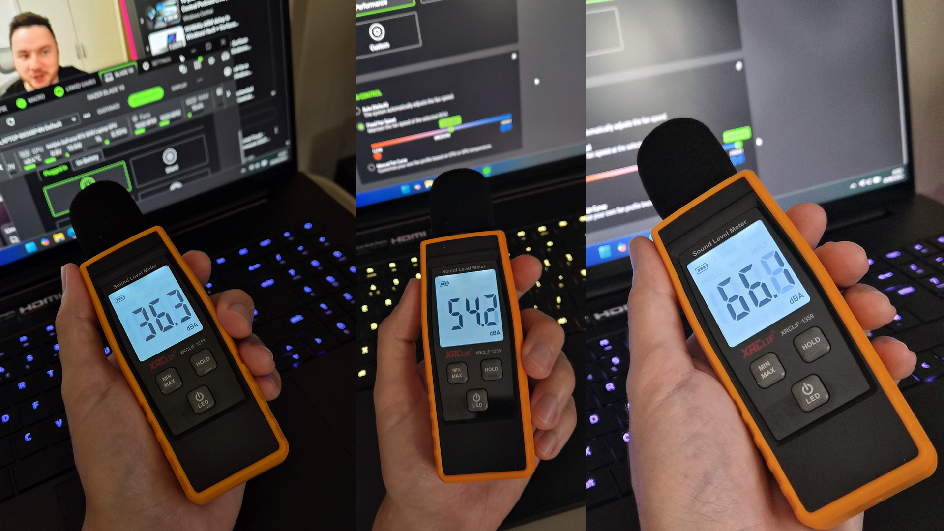 Razer Blade 18 (2025) gaming laptop tested with a decibel meter to monitor fan noise.