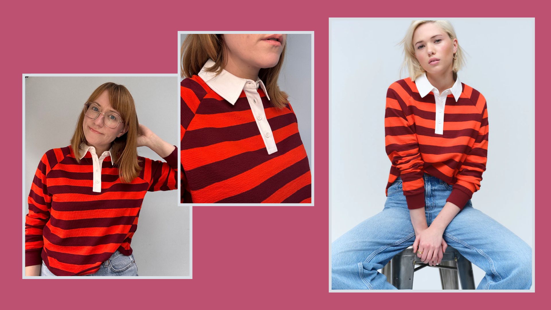 matilda and a mdoel wearing the next striped rugby shirt