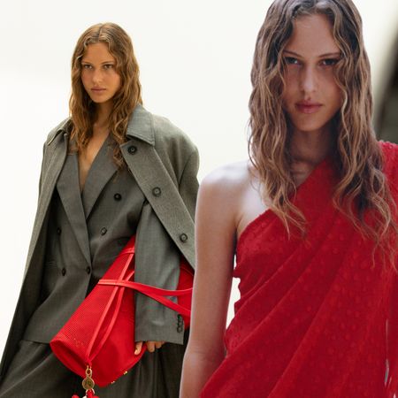 a model wears a suit and a draped dress from the H&M x Stella McCartney collaboration
