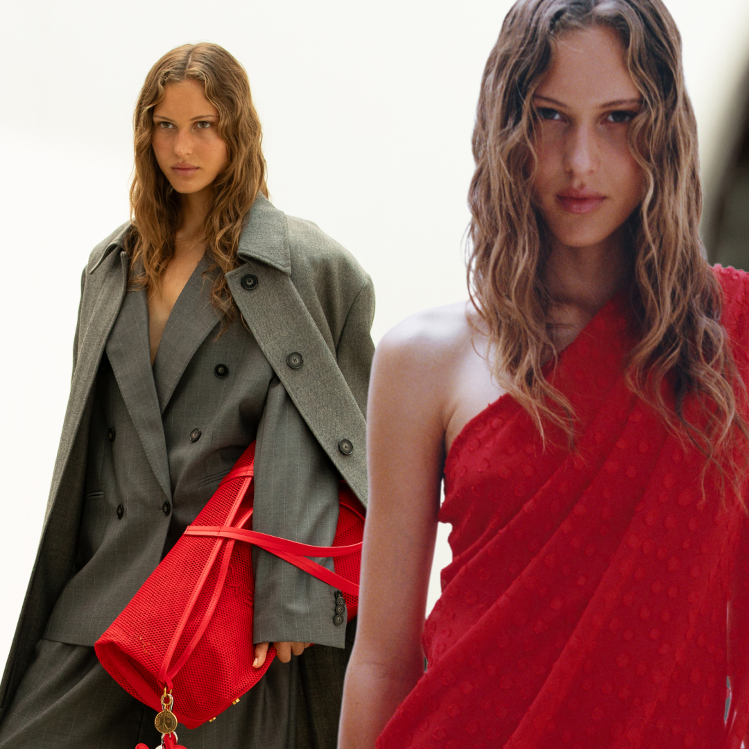 a model wears a suit and a draped dress from the H&amp;M x Stella McCartney collaboration