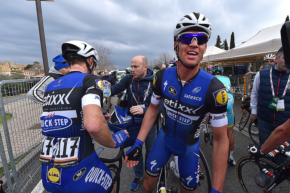 Zdenek Stybar celebrates his win with this teammates