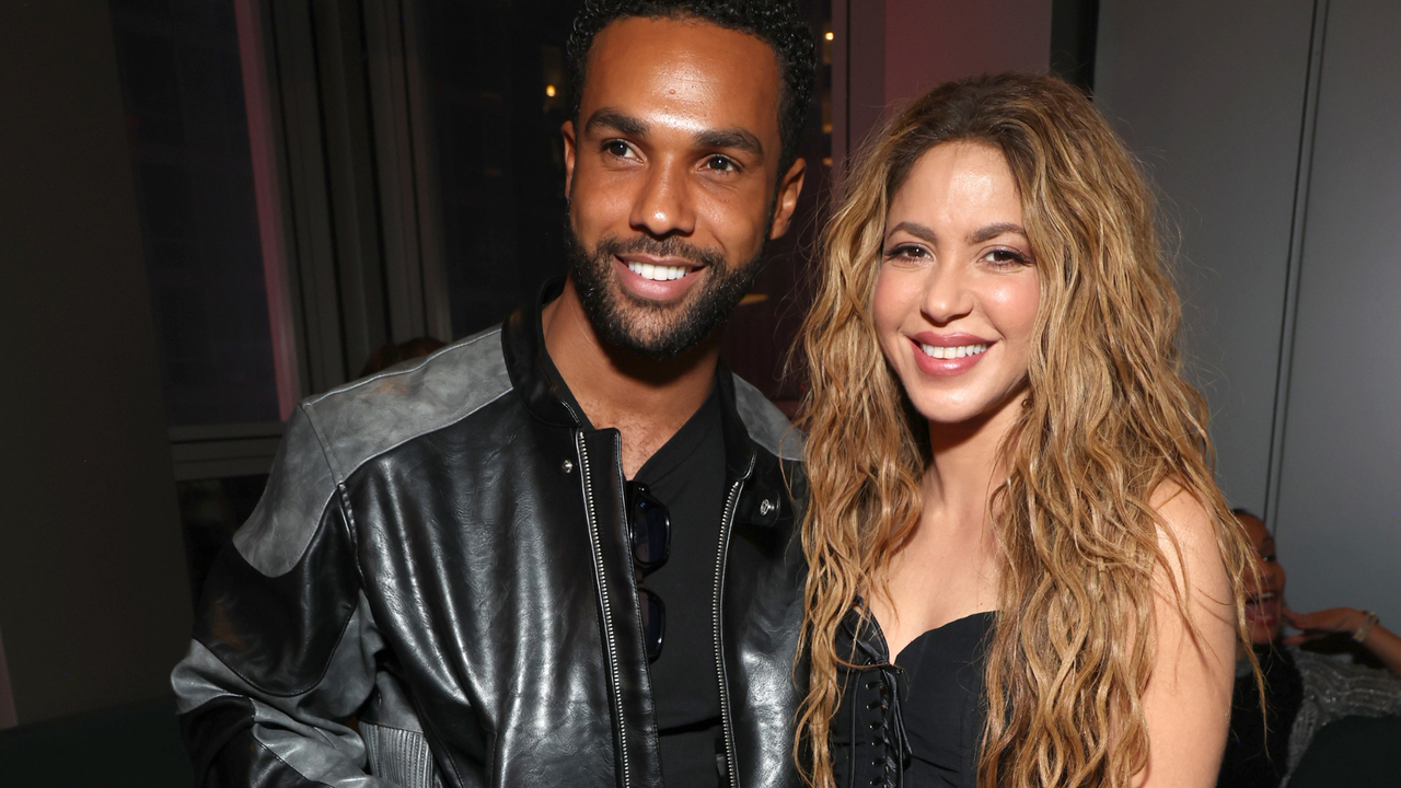 Lucien Laviscount and Shakira attend as Shakira performs live at TSX In Times Square on March 26, 2024 in New York City.