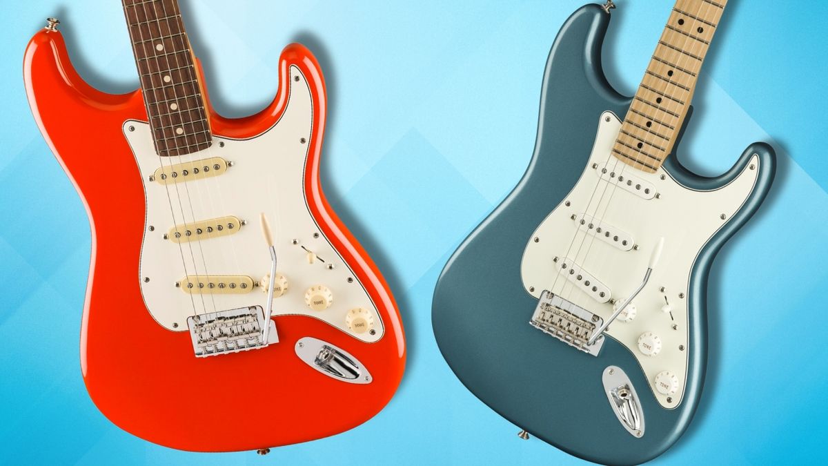 A Fender Player II Strat and a Fender Player Strat on a blue background