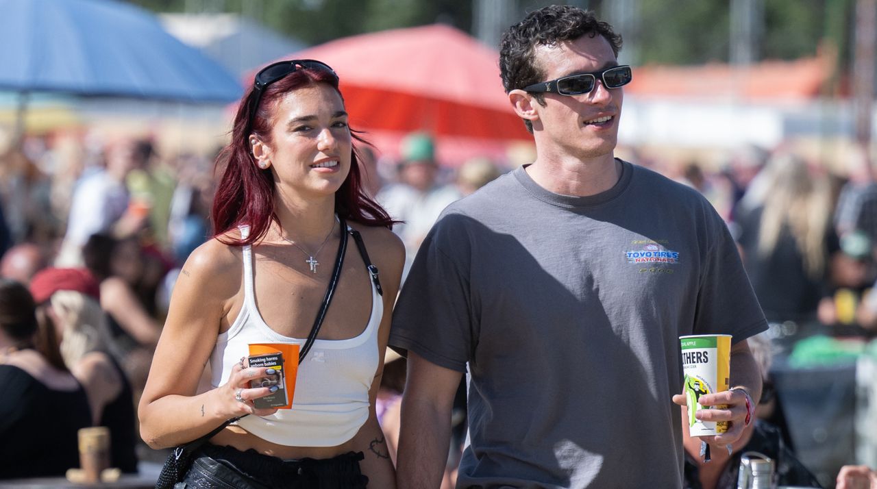 Dua Lipa and Callum Turner during day four of Glastonbury Festival 2024 at Worthy Farm, Pilton on June 29, 2024 in Glastonbury, England. 