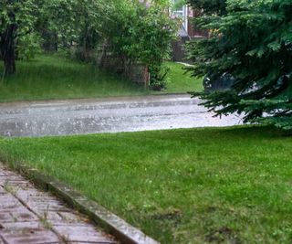 rain runoff on garden drive during heavy downpour