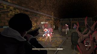 An over the shoulder view of a man pointing a shotgun at a slimy person monster from game Holstin.